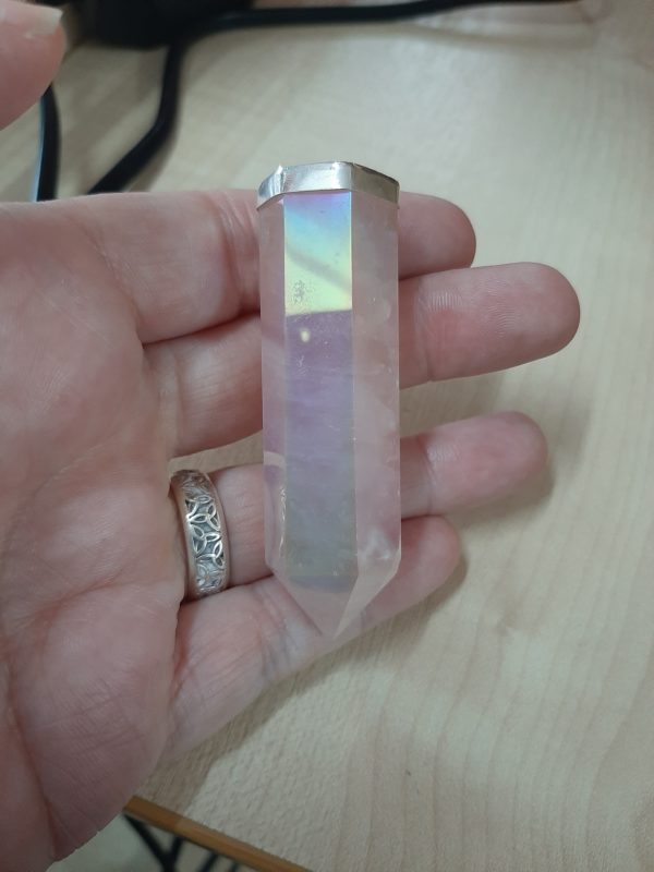 Rose quartz with aura on sterling silver top pendant- large