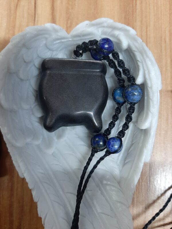 Silver sheen black obsidian Cauldron pendant with lapis