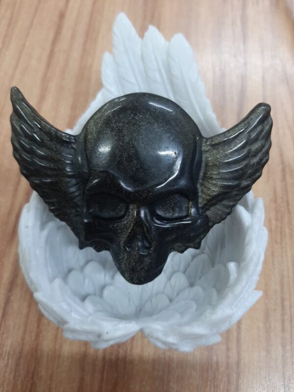 Golden obsidian skull with wings