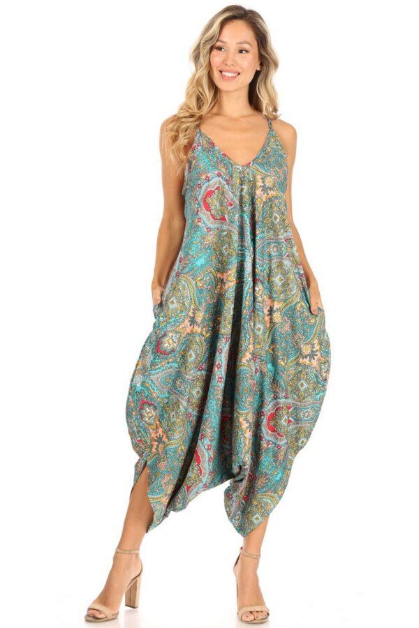 JP20101 Women’s Floral Print Casual Spaghetti Strap Jumpsuit Boho W/Pockets  (1bs)