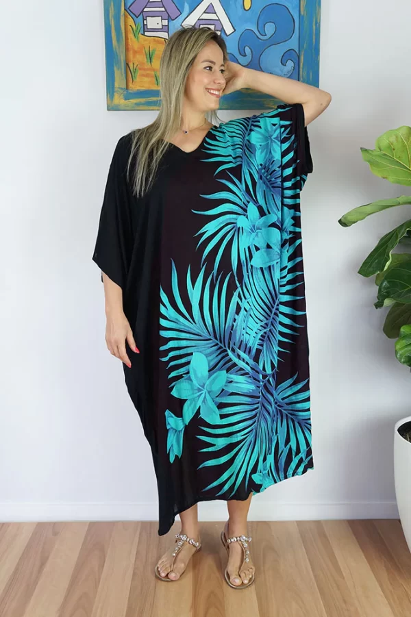 Long Kaftan Palm Frond- plus size blue