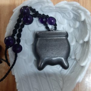 Silver sheen black obsidian Cauldron pendant with amethyst