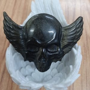 Golden obsidian skull with wings