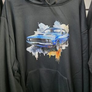 Black hoodie:  blue car -xl