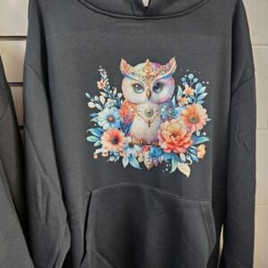 Black hoodie:  flower owl -large